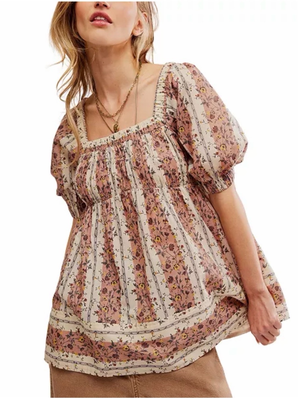 Free People Vintage Lover Babydoll Top Medium Floral Puff Sleeve Boho